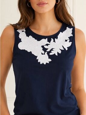 J. Crew Navy Sleeveless Tank with White Floral Lace Appliqué
